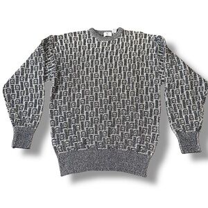 Vintage Men’s 90s Crewneck Sweater Black Blue White Patterned Valentino Garavani